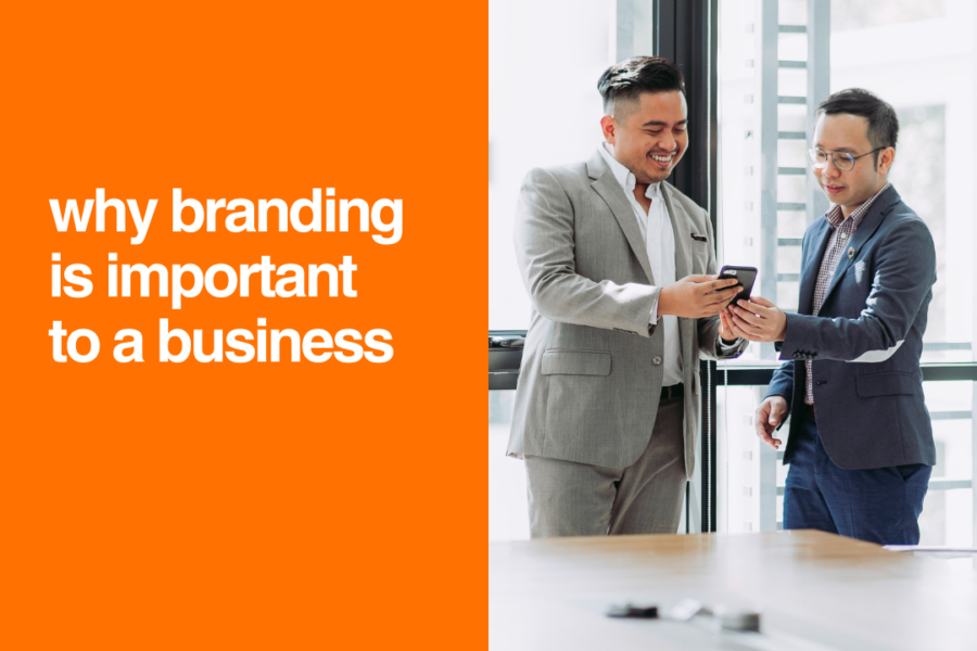 A business professional reviewing brand design elements, including a logo, color palette, and marketing materials, to create a strong and recognizable brand identity