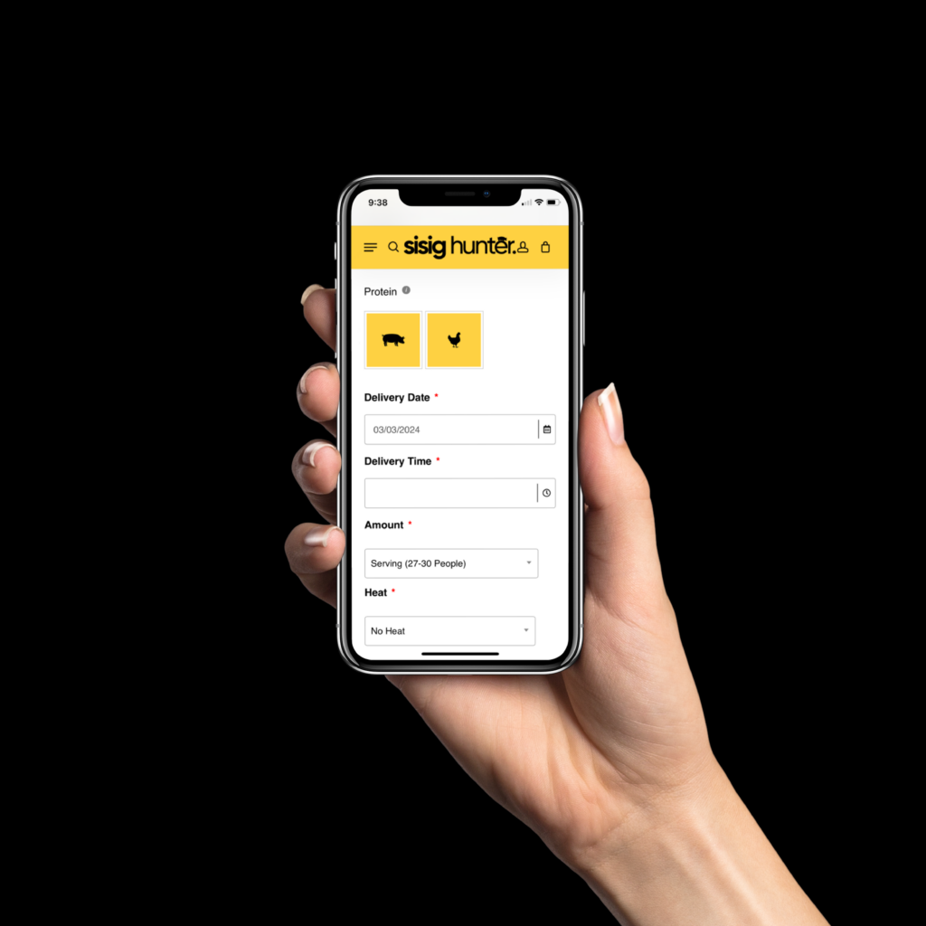 Person holding a phone showing Sisig Hunter online ordering page for Filipino food in Hercules, California