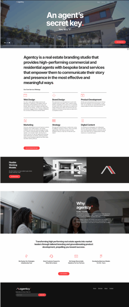Homepage design of the Agentcy brand studio website showcasing modern real estate web design for realtors.