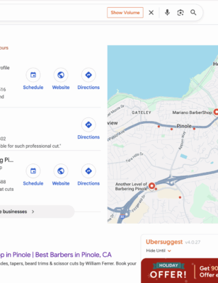 Screenshot of Google search results for “barber in pinole” with William Ferrer ranked #1 in the Local Pack.