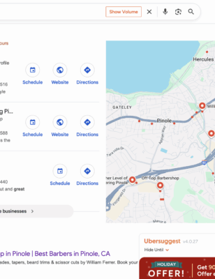 Screenshot of Google search results for “best barber in pinole” with William Ferrer ranked #1 in the Local Pack.